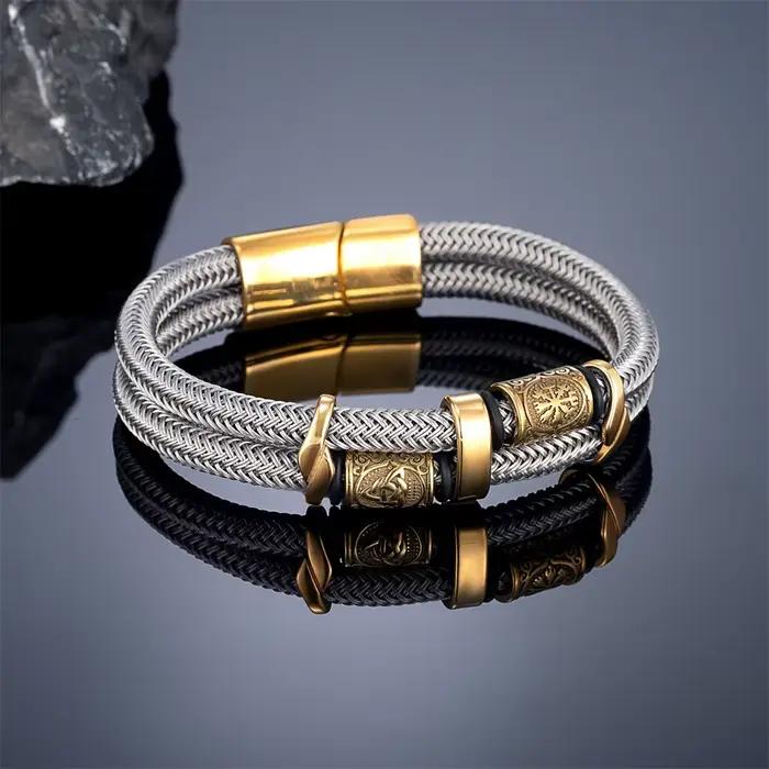 Vikings Runes Double couche ne se décolore pas en acier fil corde Bracelets hommes nordique couleur or bracelet en acier inoxydable de luxe mâle bijoux