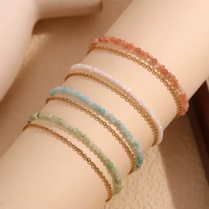 E.B.belle Amazonite Bracelet Double couche en forme de O en acier inoxydable 316L Bracelets à main pour femme plaqué or 18 carats Bijoux de cheville