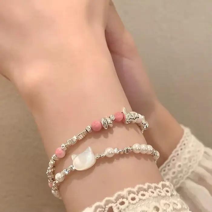 Bracelet en argent regardé 925 pour femme, chat, chaton, perles mignonnes, punk, géométrique, mode fille, bijoux, cadeau, livraison directe, vente en gros