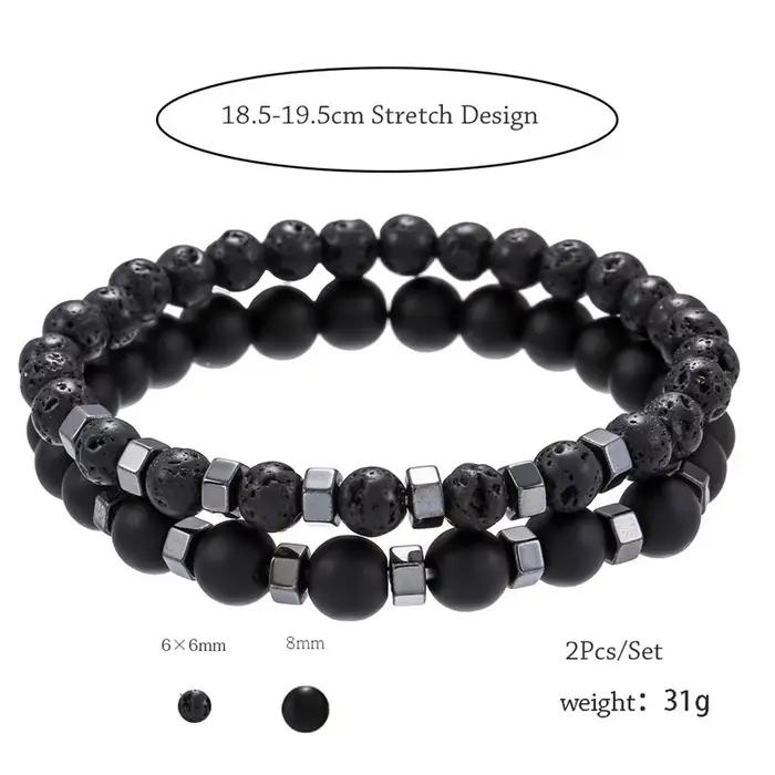 2 pièces/ensemble Bracelet de perles hommes pierre de lave Agate oeil de tigre perle charme hommes femmes Bracelet ensembles bijoux meilleurs cadeaux Pulsera Hombre