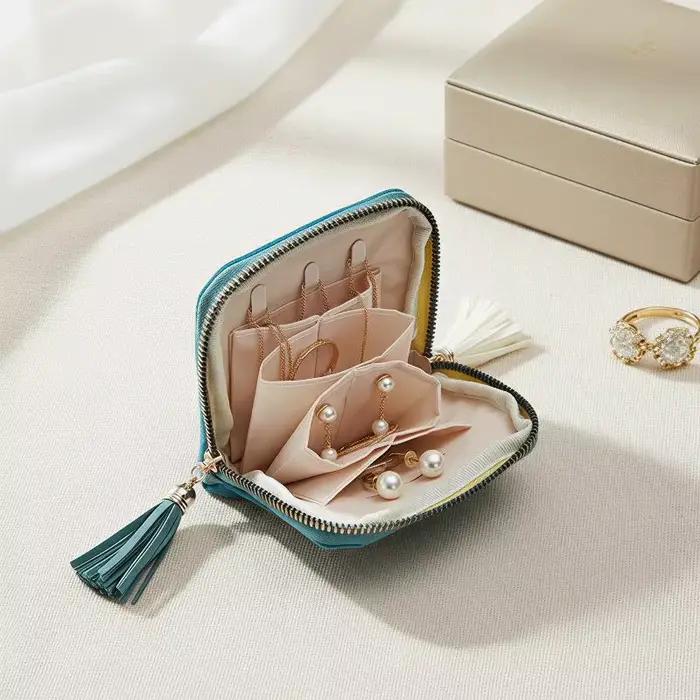Pochette à bijoux en velours doux, plusieurs compartiments intérieurs, fermeture éclair à pompon lisse, organisateur portable pour femmes, voyages d'affaires
