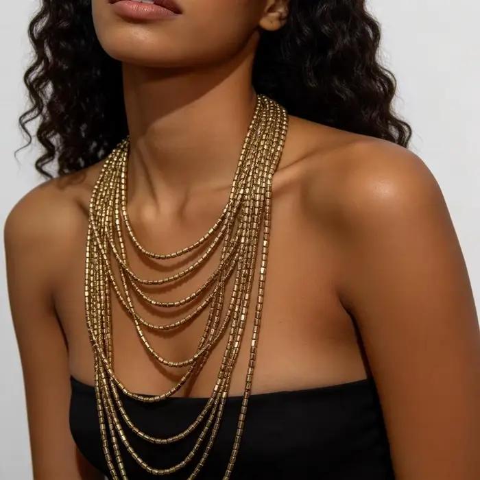 Collier bohème multi-couches fait main en résine perlée, longue chaîne, collier statement pour femme, idéal pour les fêtes et le quotidien