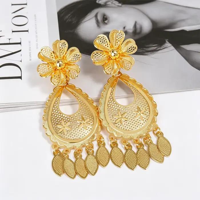Parure de bijoux de luxe pour femmes nigérianes, collier à pampilles et boucles d'oreilles, motif floral, plaqué or classique de Dubaï, pour mariage, usage quotidien, fête, cadeau