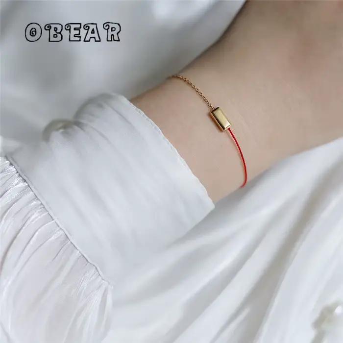 Bracelet carré en or Simple avec coutures en corde rouge pour femmes et filles, bijoux plaqués or 18 carats en acier inoxydable