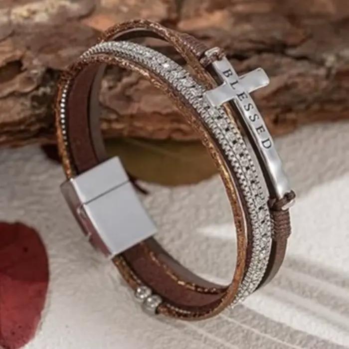 BLESSED – Bracelets en cuir avec cristaux croisés, faits à la main, Style bohème, léger, de luxe, à la mode, bijoux pour filles, cadeau de noël