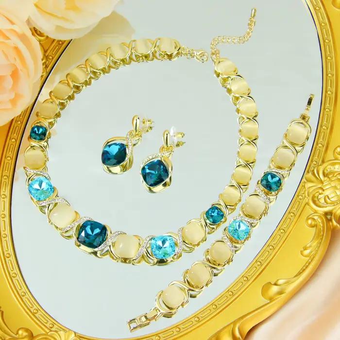 Ensemble de bijoux de luxe en cristal bleu, couleur or, exquis, Vintage, sans nickel, collier, bracelet, boucles d'oreilles, bijoux de mariage pour femmes