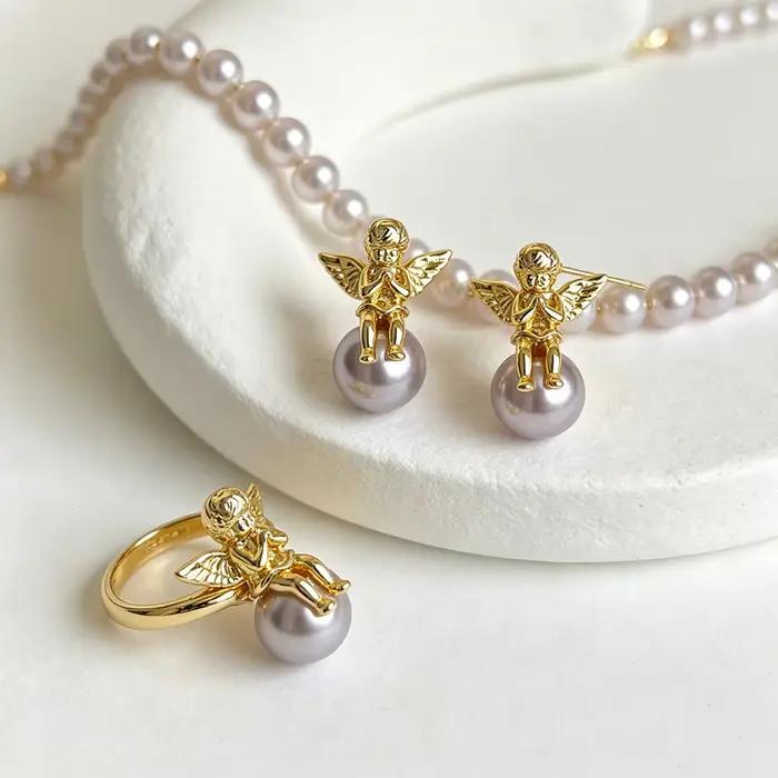 VOBIPY – boucles d'oreilles Cupidon en perles pour femmes, en argent 925 plaqué or 18 carats, rétro, mignonnes, pour fête de mariage, bijoux à la mode, cadeaux