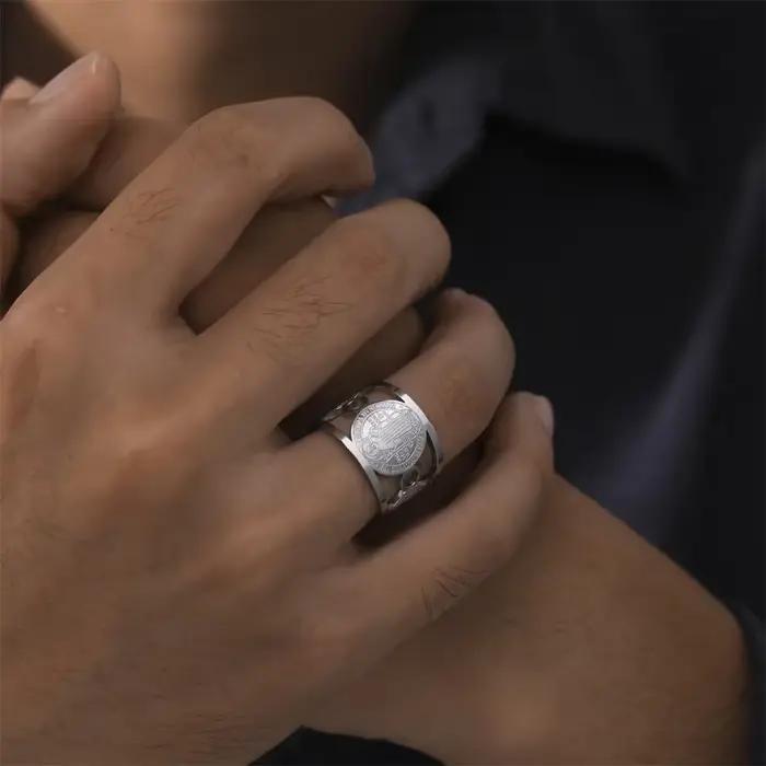 Skyrim Saint benoît de Nursia bague en acier inoxydable couleur or bague saint chrétien bijoux religieux cadeau pour hommes femmes