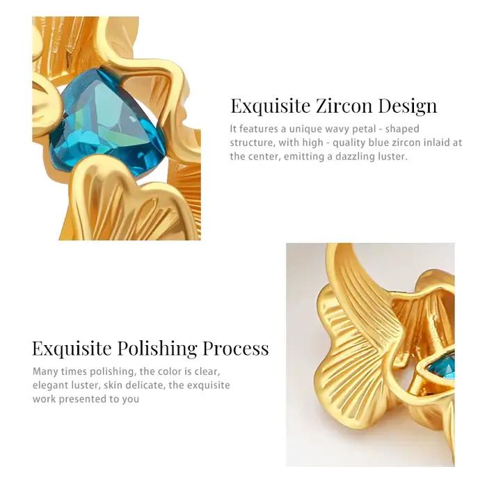 VAROLE Bague à bande florale à pétales ondulés pour femme Bague de déclaration géométrique italienne en laiton avec pierre précieuse bleue lumineuse