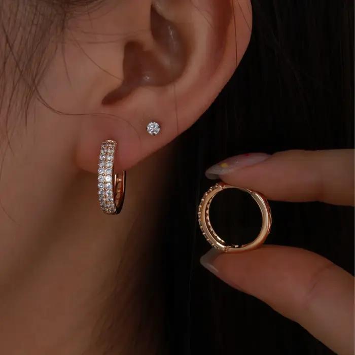 Boucles d'oreilles de luxe en or pur 24K 9999 pour femmes, anneau d'oreille élégant, Double diamant, boucle d'oreille