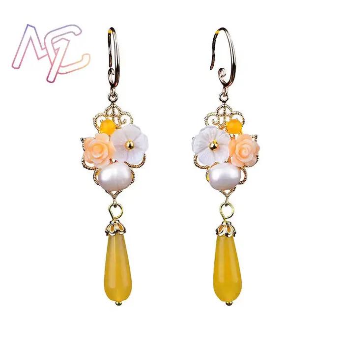 Boucles d'oreilles fleur de Jade naturel jaune, amulette Vintage, cadeaux pour femmes, bijoux réels, breloque sculptée, pierres précieuses de luxe porte-bonheur