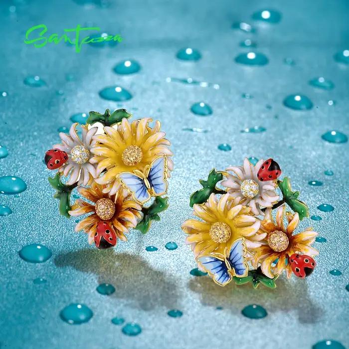 SANTUZZA-Boucles d'Oreilles en Argent Sterling 925 group pour Femme, Charbon Jaune, Champagne, CZ, Grappe de Fleurs, Papillon, Bijoux Fins en Émail