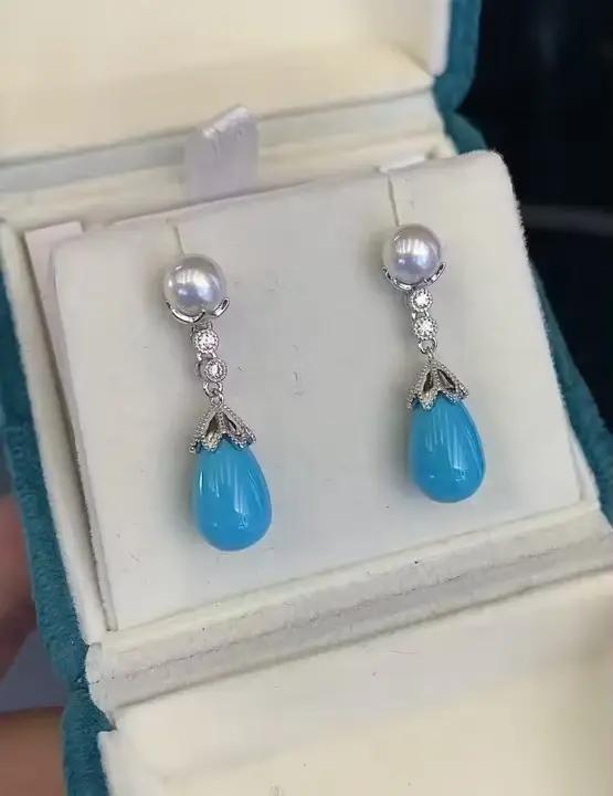Boucles d'oreilles de créateur en argent Sterling 925, Turquoise naturelle et perle Akoya, goutte d'eau, Art déco, Vintage, bijoux en perles de Kallaite