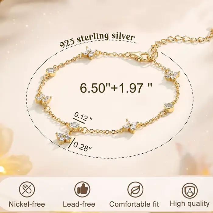 Bracelets en argent sterling 925 pour femmes, bracelet délicat, bracelet trèfle plaqué or 14 carats, bracelet chaîne imperméable pour femmes