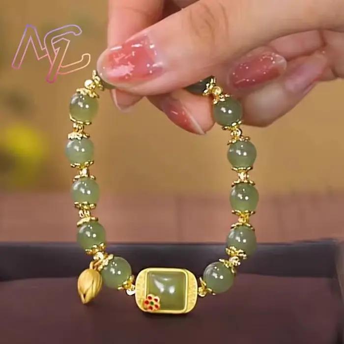 Bracelet Lotus en Jade véritable, breloque de styliste, pierres précieuses, bijoux naturels, amulette, Talismans à la mode, accessoires, perles, Agate
