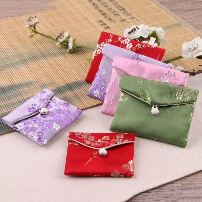 Sac à bijoux en Satin lisse, sac de rangement de bijoux floraux à boucle, sac à main brodé, portefeuille pour dames