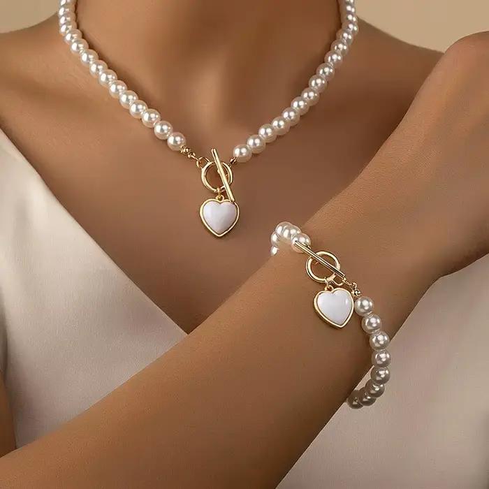 Ensemble de bijoux pour filles, 2 pièces, collier de perles d'imitation, Bracelet, pendentif élégant de couleur perle, perles de couleur naturelle