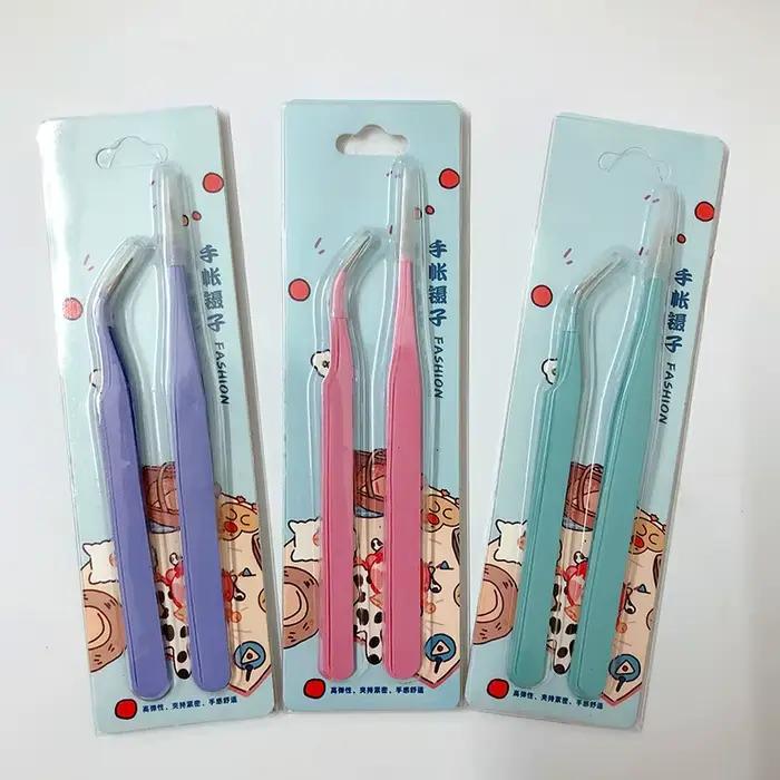 Pincettes droites et incurvées en acier inoxydable, colorées, rose, bleu, violet, bricolage, pincettes à cils, autocollant pour Nail Art, outil de cueillette de strass