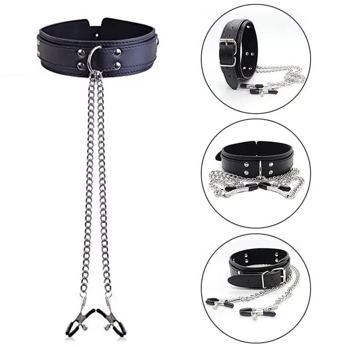 Collier fétichiste BDSM, pinces à tétons, collier en cuir, chaîne d'esclave, jouets sexuels érotiques pour adultes pour femmes, Couples, hommes, jeux de fletting, Sex Shop