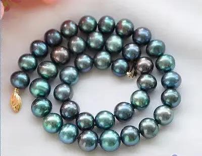 Collier de perles d'eau douce noires paon rondes naturelles, bijoux fins, 17 pouces, 9-10mm