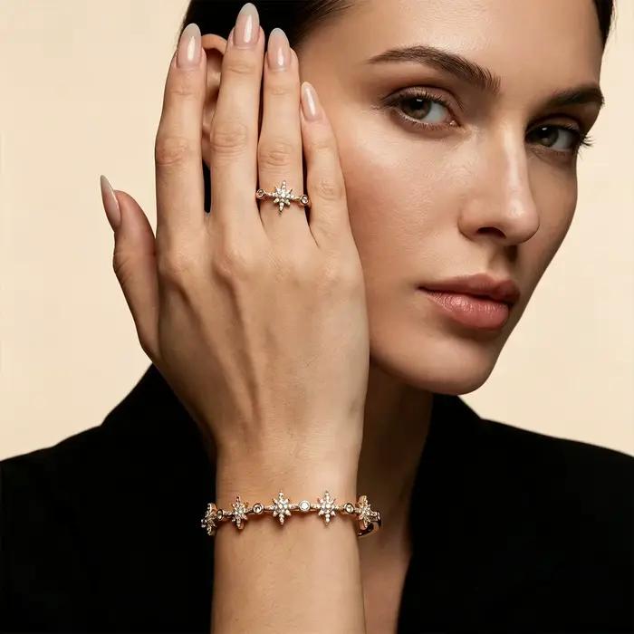 Ensemble de bagues et bracelets ajustables en zircon plaqué or pour femme, motif étoile, style minimaliste, élégant, bijoux de mode, cadeau pour elle, usage quotidien