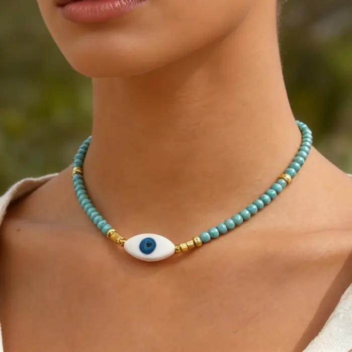 Collier ras du cou bohème en perles de cristal bleues avec pendentif œil porte-bonheur pour femme, bijoux de luxe bohèmes d'été, cadeaux