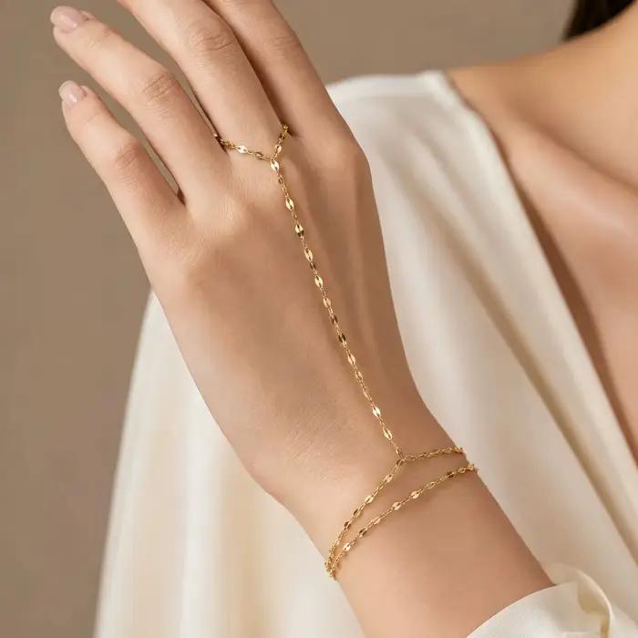 Bracelets de main minimalistes de luxe plaqués or pour femmes, bracelet à chaîne fine avec anneau de doigt, bijoux élégants en acier inoxydable