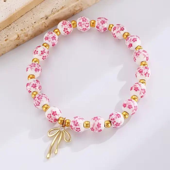 Bracelet en céramique avec nœud fait à la main, bleu et blanc, corde élastique réglable chinoise, pendentif pour fille à la mode, accessoires cadeau