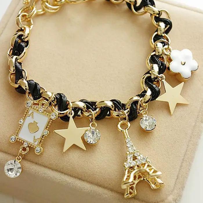 ChimWomen-Bracelet Mignon en Cuir avec Chaîne en Forme de Fleur, Étoile, Cœur, Tour Eiffel, Couronne, Poker, Corde, Bijoux, Cadeau