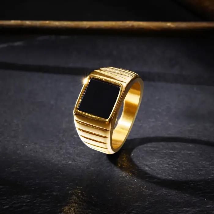 Bague en pierre noire pour hommes, bague carrée en acier inoxydable de couleur or, bague de pouce, chevalière, bague de mariage, cadeau de bijoux classique à la mode