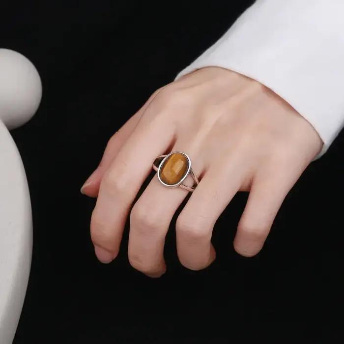Bague simple et naturelle en œil de tigre 10*14mm, plaquée argent, bijoux pour femmes et hommes, grande pierre, bijoux vintage, cadeau