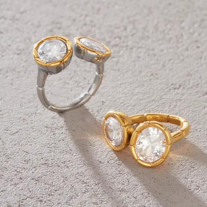 Bague ouverte en acier inoxydable Ars pour femme, plaquée or 18 carats, double zircon, ajustable, bijou tendance, cadeau pour elle