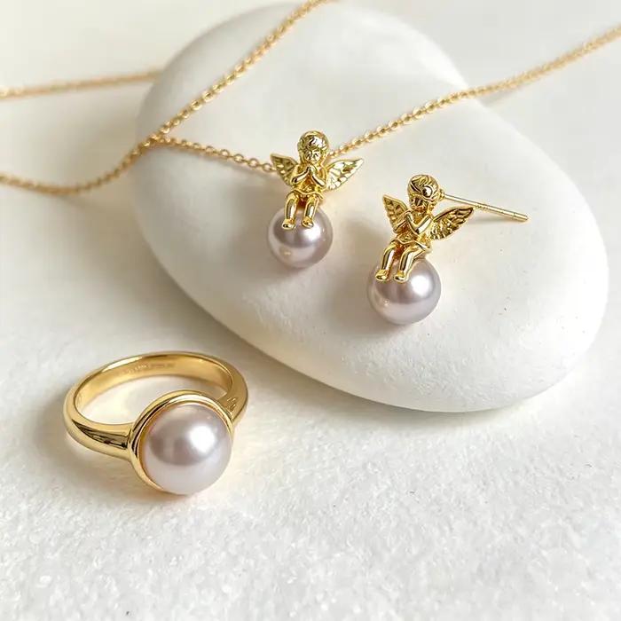 VOBIPY – boucles d'oreilles Cupidon en perles pour femmes, en argent 925 plaqué or 18 carats, rétro, mignonnes, pour fête de mariage, bijoux à la mode, cadeaux