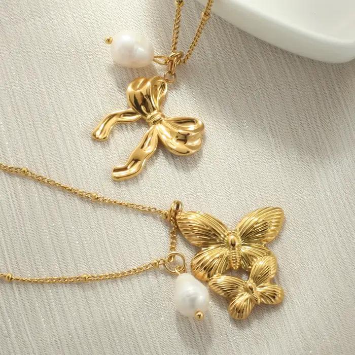 Pendentif collier pour les Femmes d'or chaîne D'eau Douce Perle Arc pendentifs à la mode femmes en acier inoxydable bijoux ensemble cadeau tendance