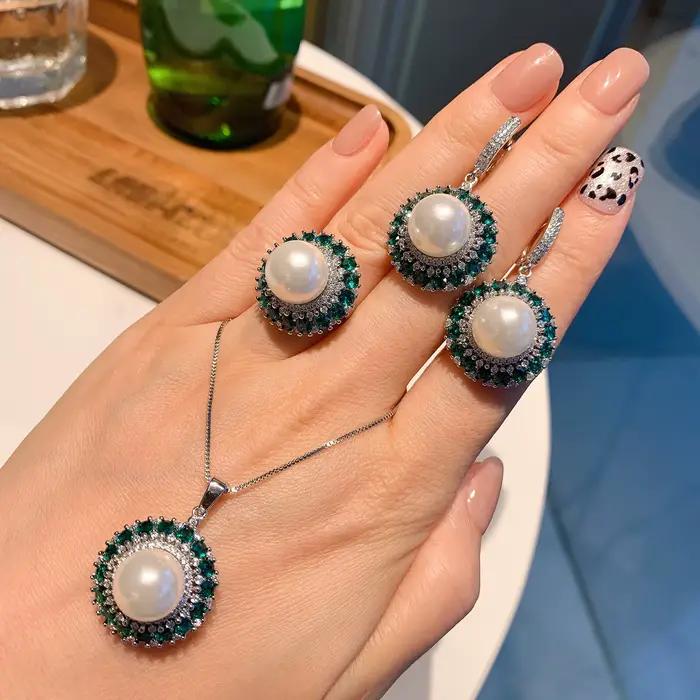 Boucles d'oreilles blanches Big Pearl None pour femmes, collier pendentif émeraude verte, ensemble de matiques, bijoux de mariage, cadeau de travailleurs, clavicule, JOL