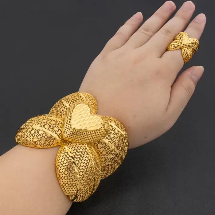 Ensemble de bijoux de luxe arabe plaqué or pour femmes, grand Bracelet en cuivre, Design de bague réglable, bijoux de mariage à la mode