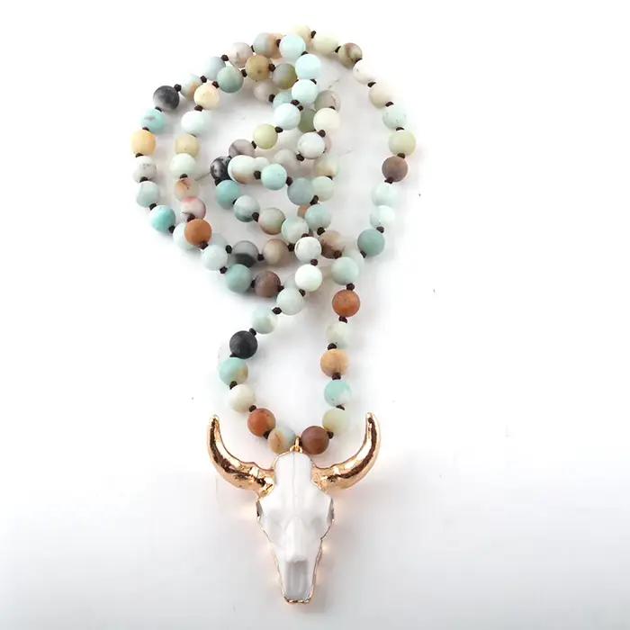 Collier pendentif en corne nouée pour femme, bijoux bohèmes, pierre d'amlogging, collier de perles, mode