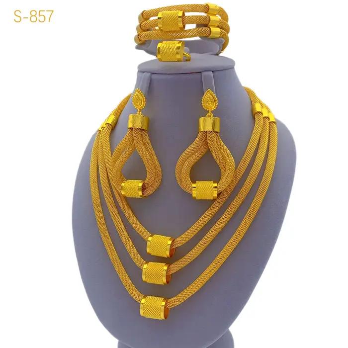 Ensemble de bijoux de luxe pour femmes, collier et boucles d'oreilles multicouches de dubaï, couleur or 24 carats, pour mariée indienne et éthiopienne, cadeaux de fête de mariage