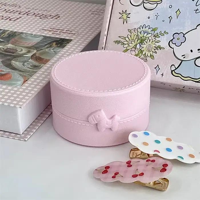 Boîte de rangement ronde INS Macaron Bow pour filles, épingles à cheveux de bijoux Kawaii, boîte anti-poussière, voyage portable, petit, personnalisé, mignon, 1 pièce