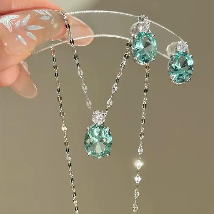 Collier et boucles d'oreilles tendance et élégants en pierre de menthe pour femme, ensemble de bijoux de soirée haut de gamme et de luxe léger