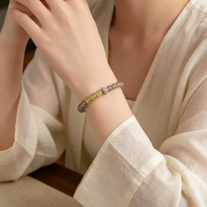 Bracelet en perles d'agate grise de 6 mm, jade serpentine, pour femmes, minimaliste, luxe, lune, étoile, Bodhi, élégant, bijoux quotidiens, cadeau