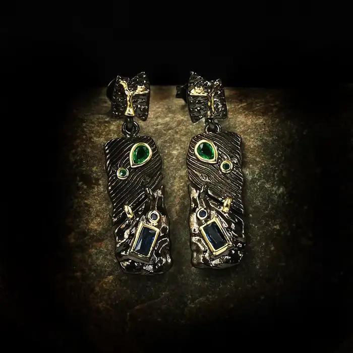 Boucles d'oreilles géométriques irrégulières bicolores pour femmes, Style ethnique exquis, or noir, argent 925, bijoux italiens faits à la main, fantaisie