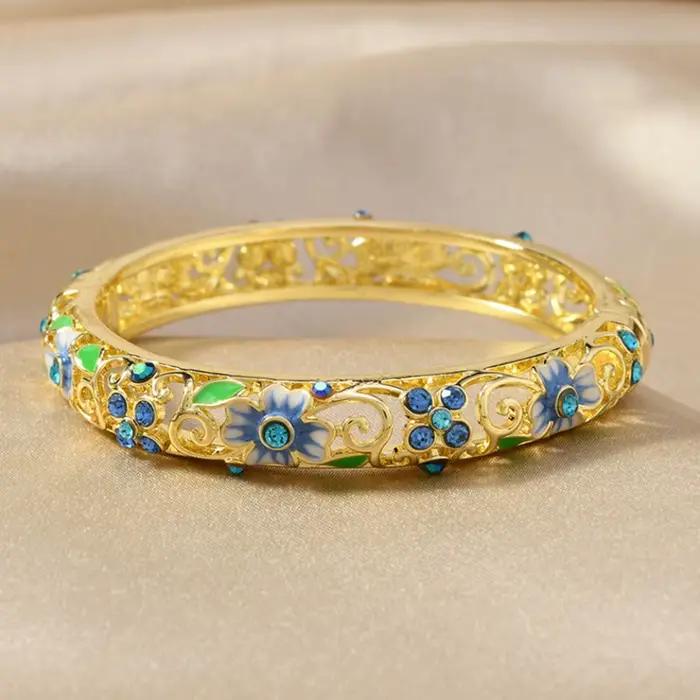 Bracelets ethniques de luxe en or, couleur or, creux, émail bleu Jingtai, glaçure goutte à goutte, trèfle à quatre feuilles porte-bonheur, zircon, bijoux pour femmes
