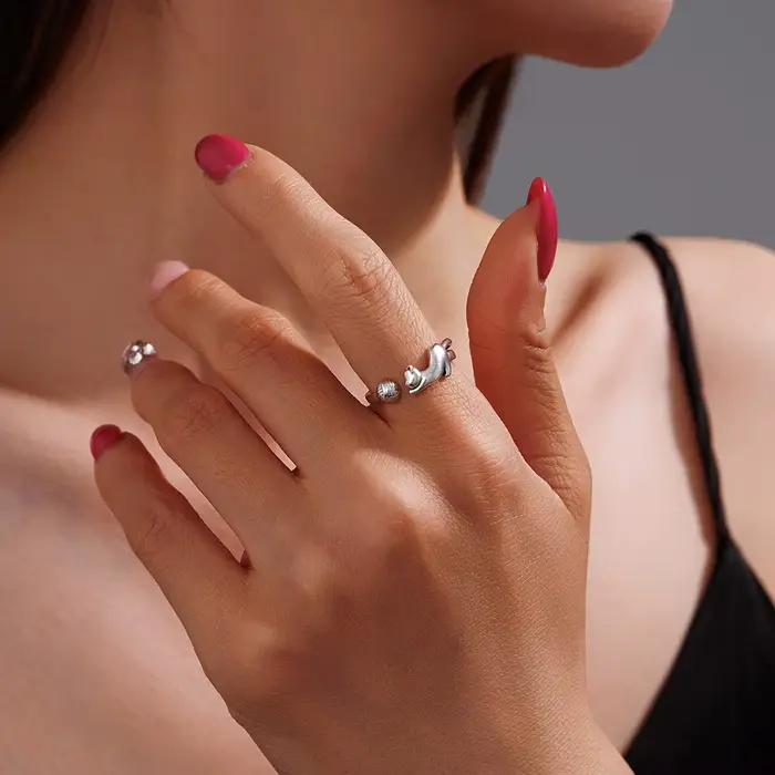 Bague ouverte réglable en argent sterling 925, motif chat mignon et pelote de laine, bijou minimaliste pour femme, cadeau pour les amoureuses des animaux