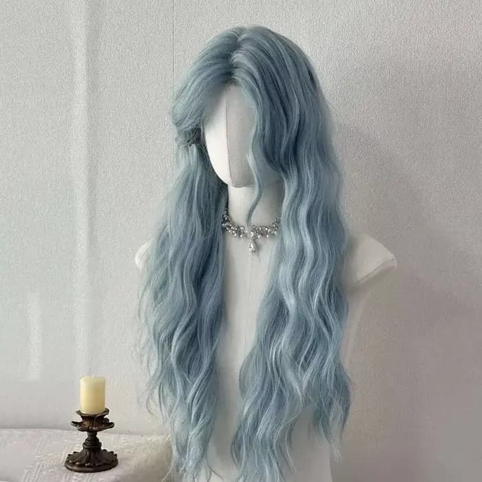 Perruque synthétique longue et bouclée bleue avec raie au milieu, style Lolita, résistante à la chaleur, pour femmes, usage quotidien, fête, cosplay