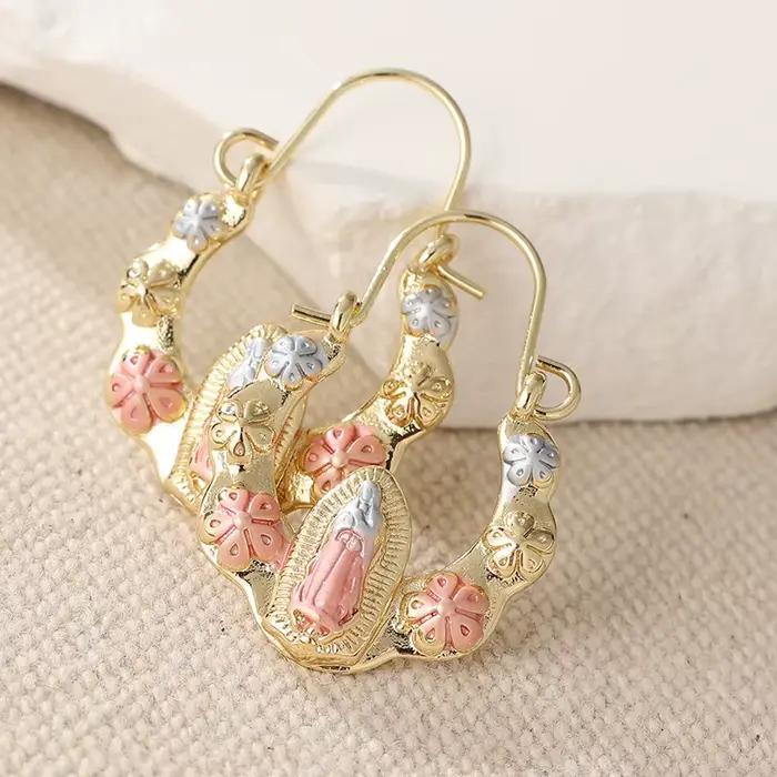 Boucles d'oreilles ethniques sculptées à la main pour femmes, motif floral, trois couleurs, géométrie métallique, pour usage quotidien, bijoux de fête, cadeau d'anniversaire