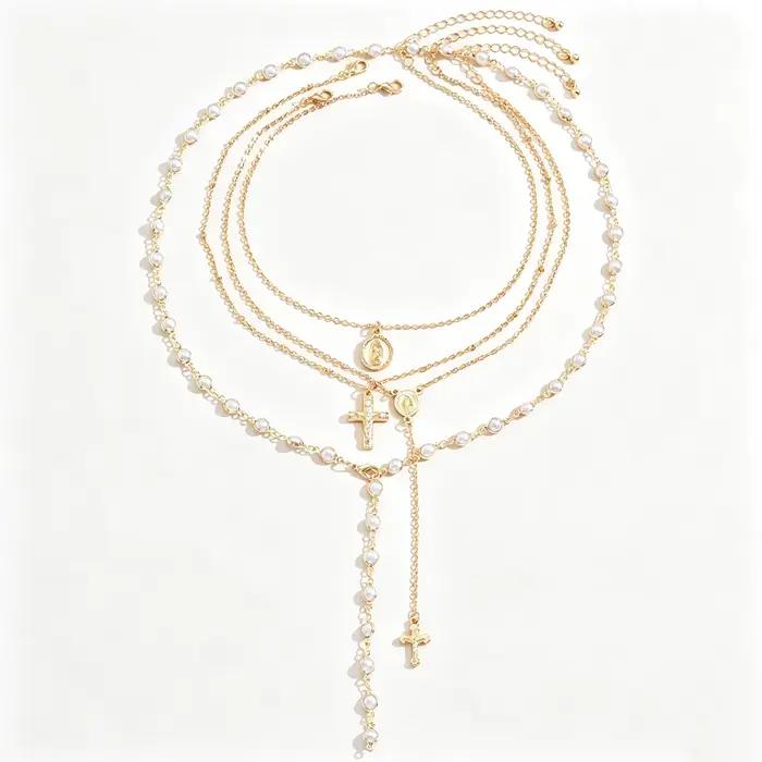 Collier vintage superposé en Y pour femme, imitation perle, croix, médaille Vierge Marie, strass, papillon, bijoux religieux multicolores