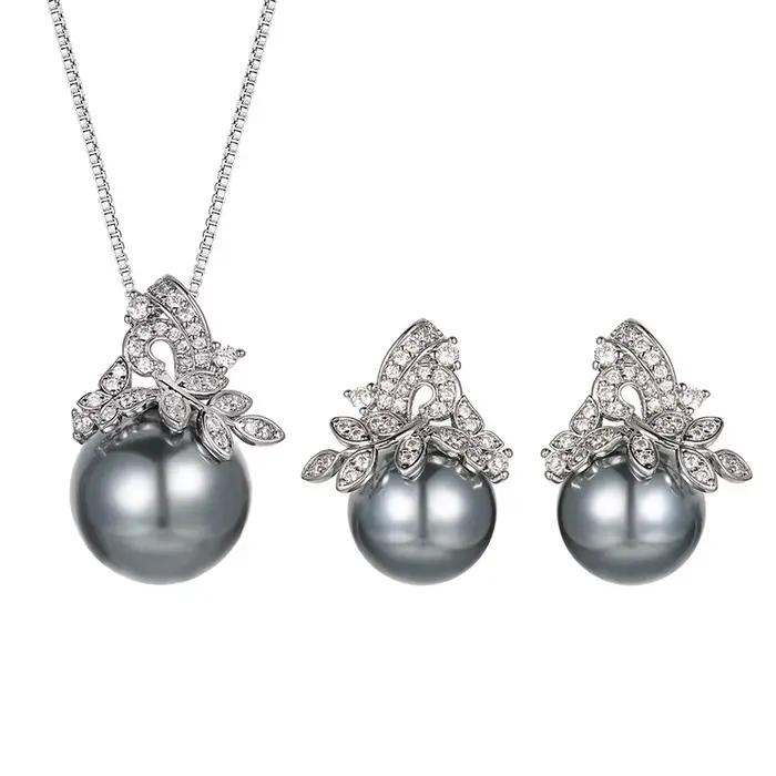 Bijoux élégants en perles grises, collier et boucles d'oreilles au Design de feuilles avec Zircon CZ scintillant, accessoires de mode pour femmes, usage quotidien de fête