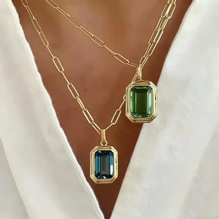 Collier pendentif carré géométrique multicolore en cristal pour femmes, chaîne à maillons plaquée or, pierre CZ transparente, bijoux de cou