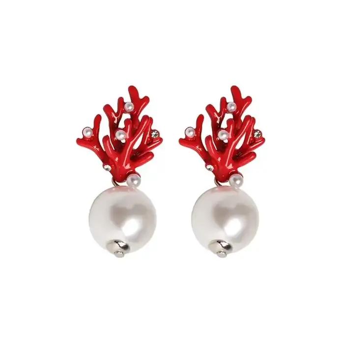 Femmes acrylique émail rouge corail résine bois perle boucles d'oreilles bijoux